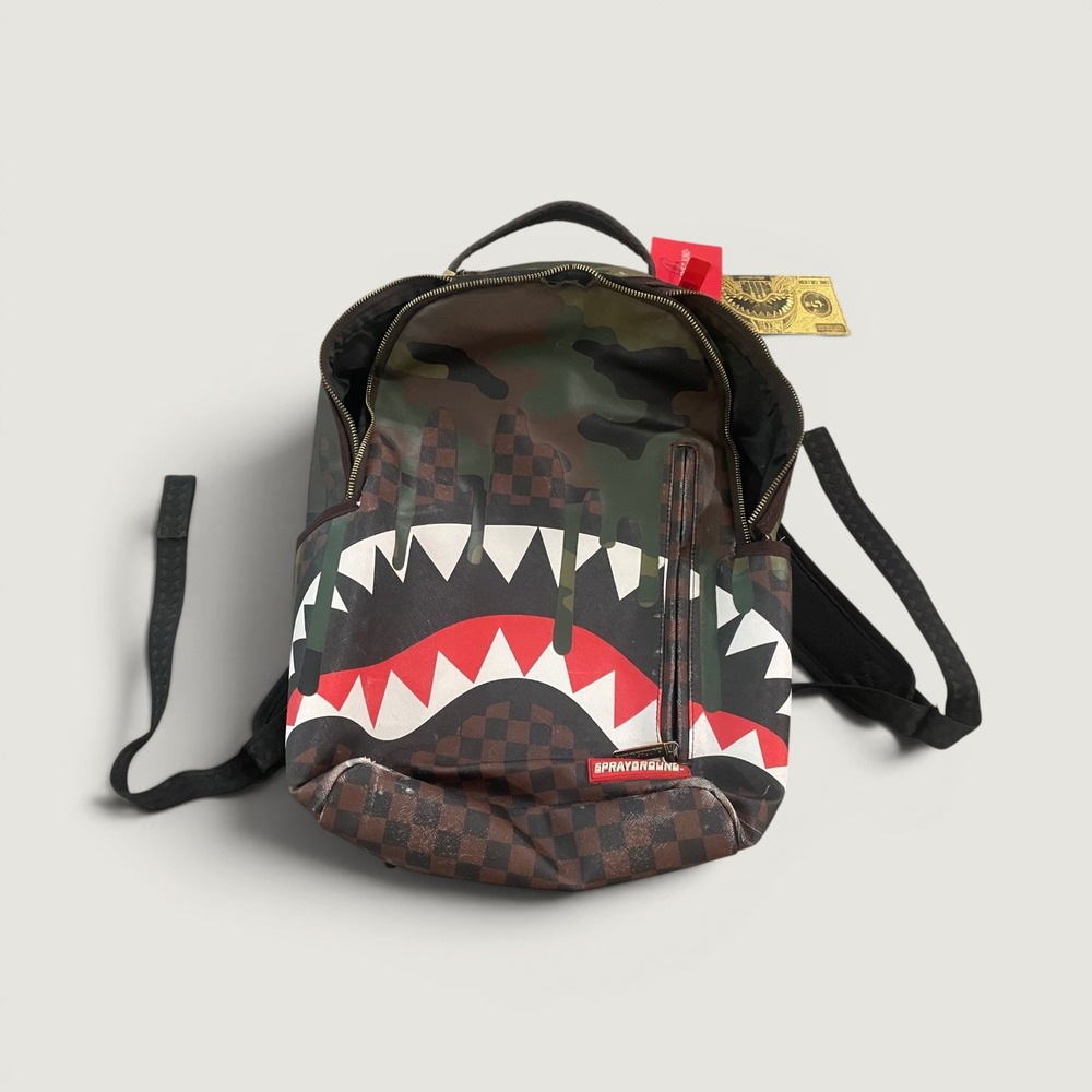 Sprayground Limited Edition Shark Backpack Brown Checkered Streetwear Travel Bag